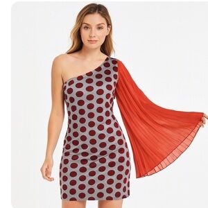 Flamingo polka Dot gray & orange flutter sleeve accordion style knee length SZ S
